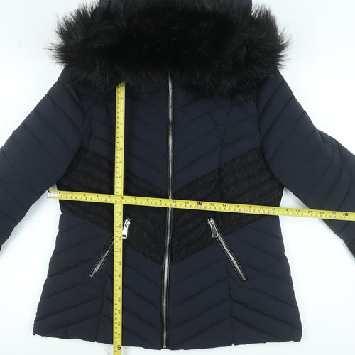 Klass Womens Blue Faux Fur Hooded Puffer Jacket Size S