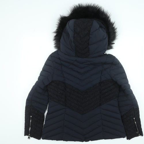 Klass Womens Blue Faux Fur Hooded Puffer Jacket Size S
