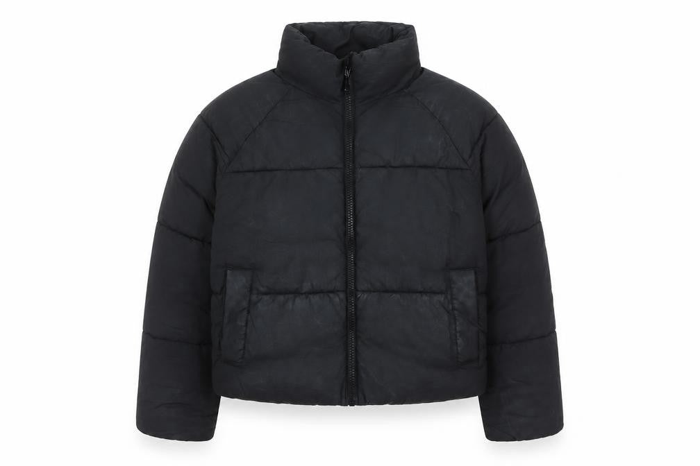 Front view of Monki Women’s Black Short Puffer Jacket, size S, Quilted Lightweight