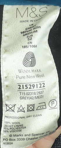 Marks and Spencer Mens Grey Wool Blazer 42R Classic Fit Single-Breasted Jacket
