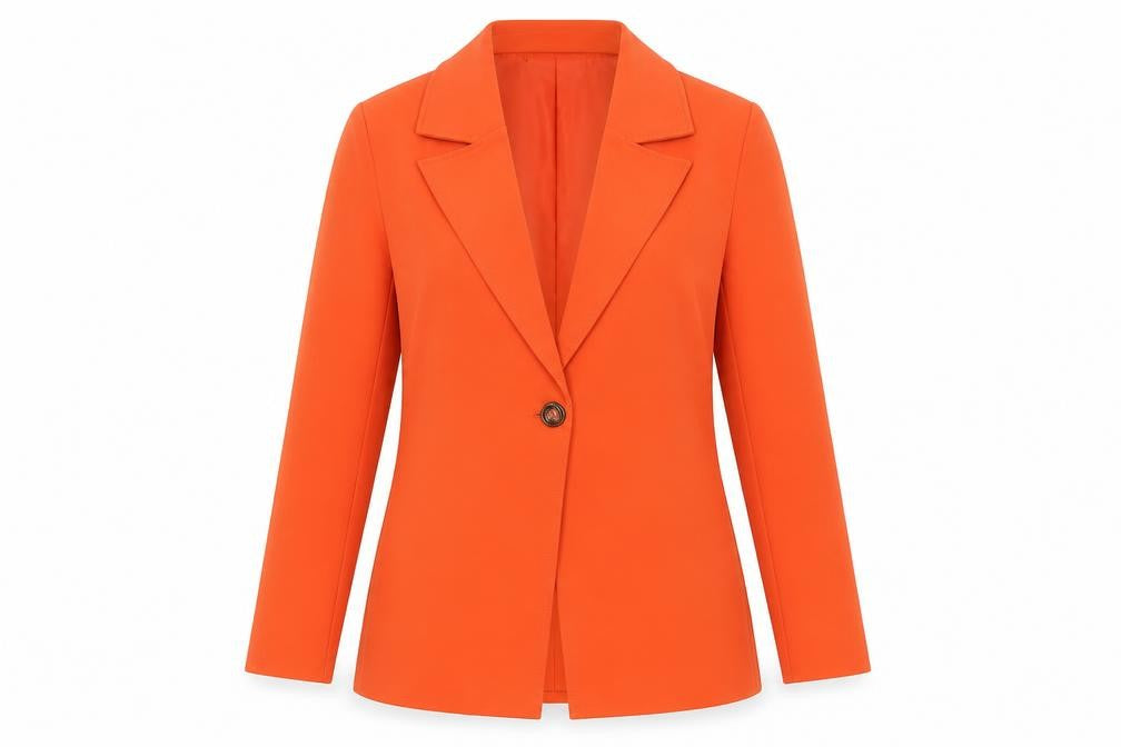 Front view of PRETTYLITTLETHING Women’s Orange Blazer Jacket, size UK 8, Long Sleeve