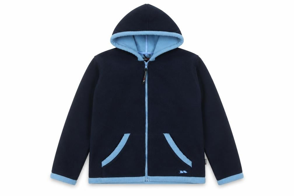 Front view of Trespass Men's Blue Fleece Hooded Full Zip Jacket, size M
