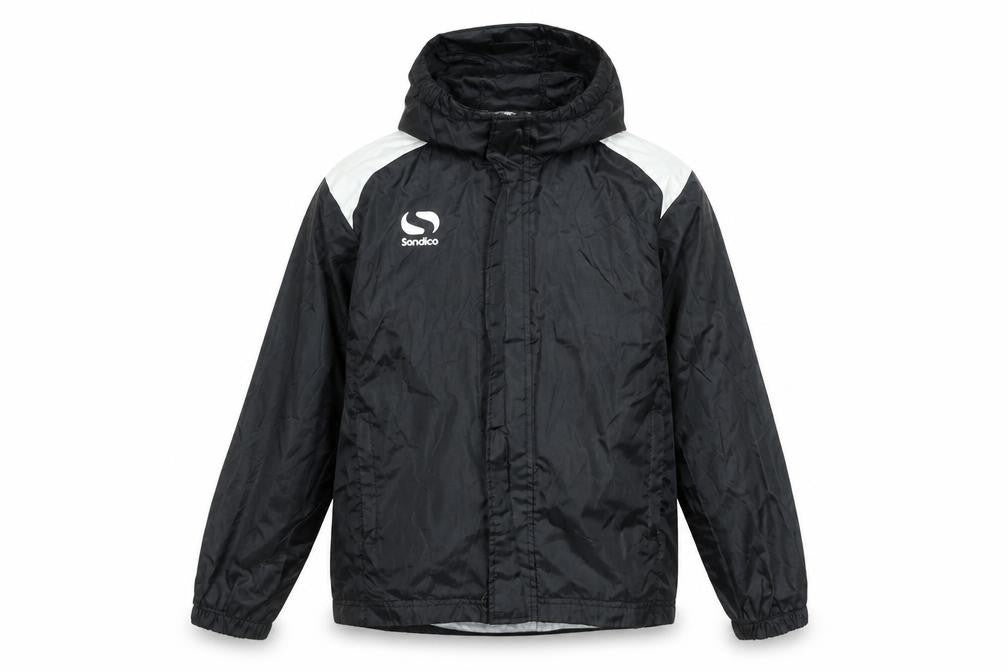Front view of Sondico boys’ black windbreaker jacket 9-10 years hooded lightweight