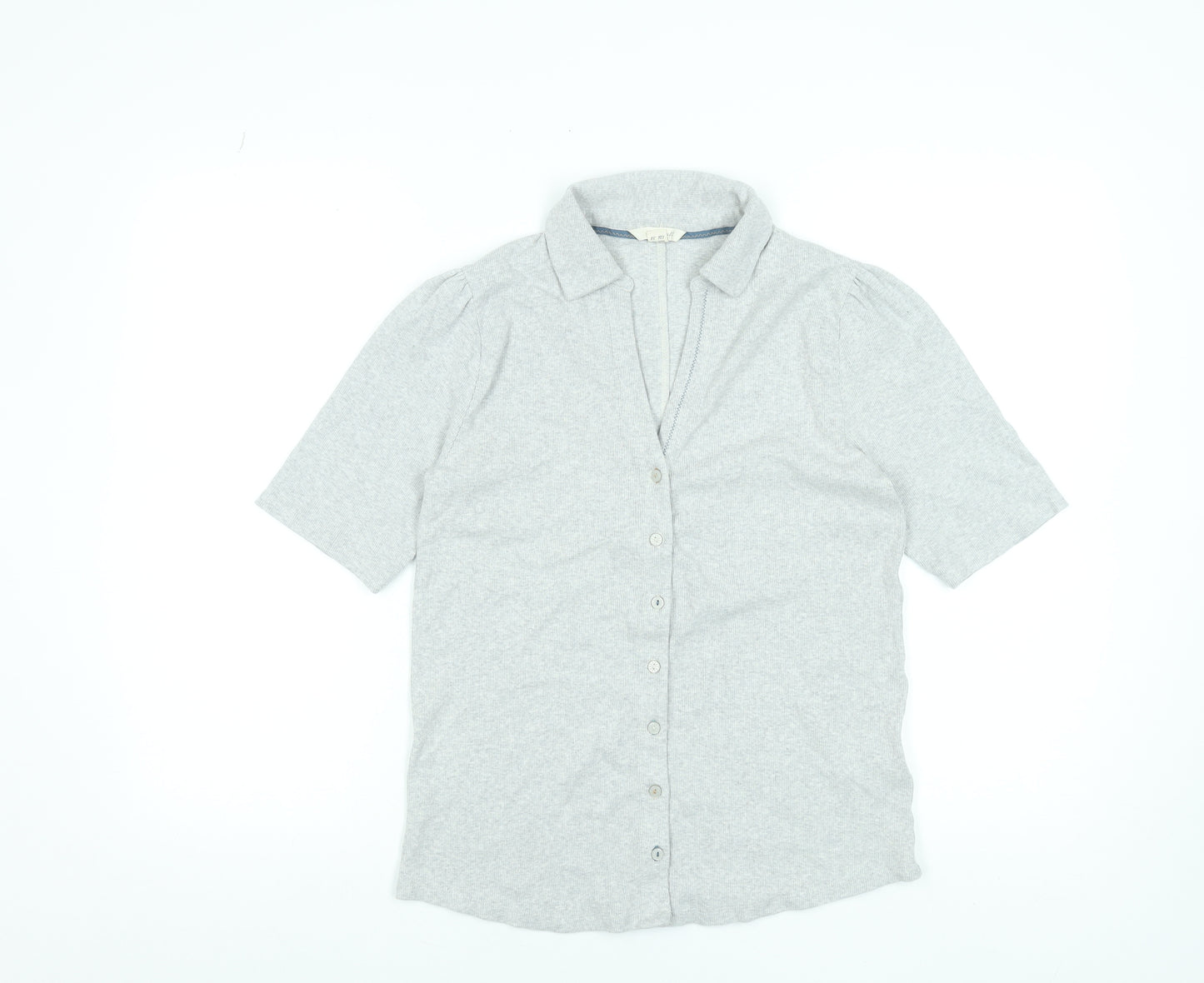 White Stuff Women Grey Button-Up Collared Short Sleeve Cotton Blend Shirt Size 10