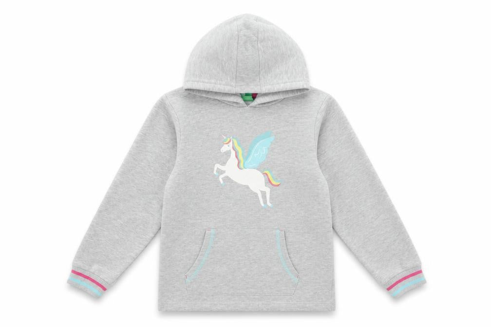 Front view of Mountain Warehouse girls’ grey unicorn pullover hoodie 9-10 years