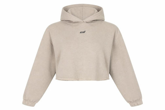 Front view of Criminal Damage Women Beige Cropped Hoodie, size M, Long Sleeve Pullover