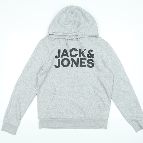 Jack & Jones Men’s Grey Pullover Hoodie S Regular Fit Logo Fleece