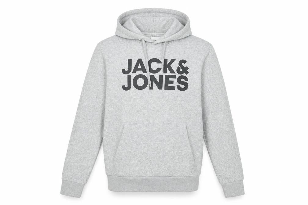 Front view of Jack & Jones Men’s Grey Pullover Hoodie S Regular Fit Logo Fleece