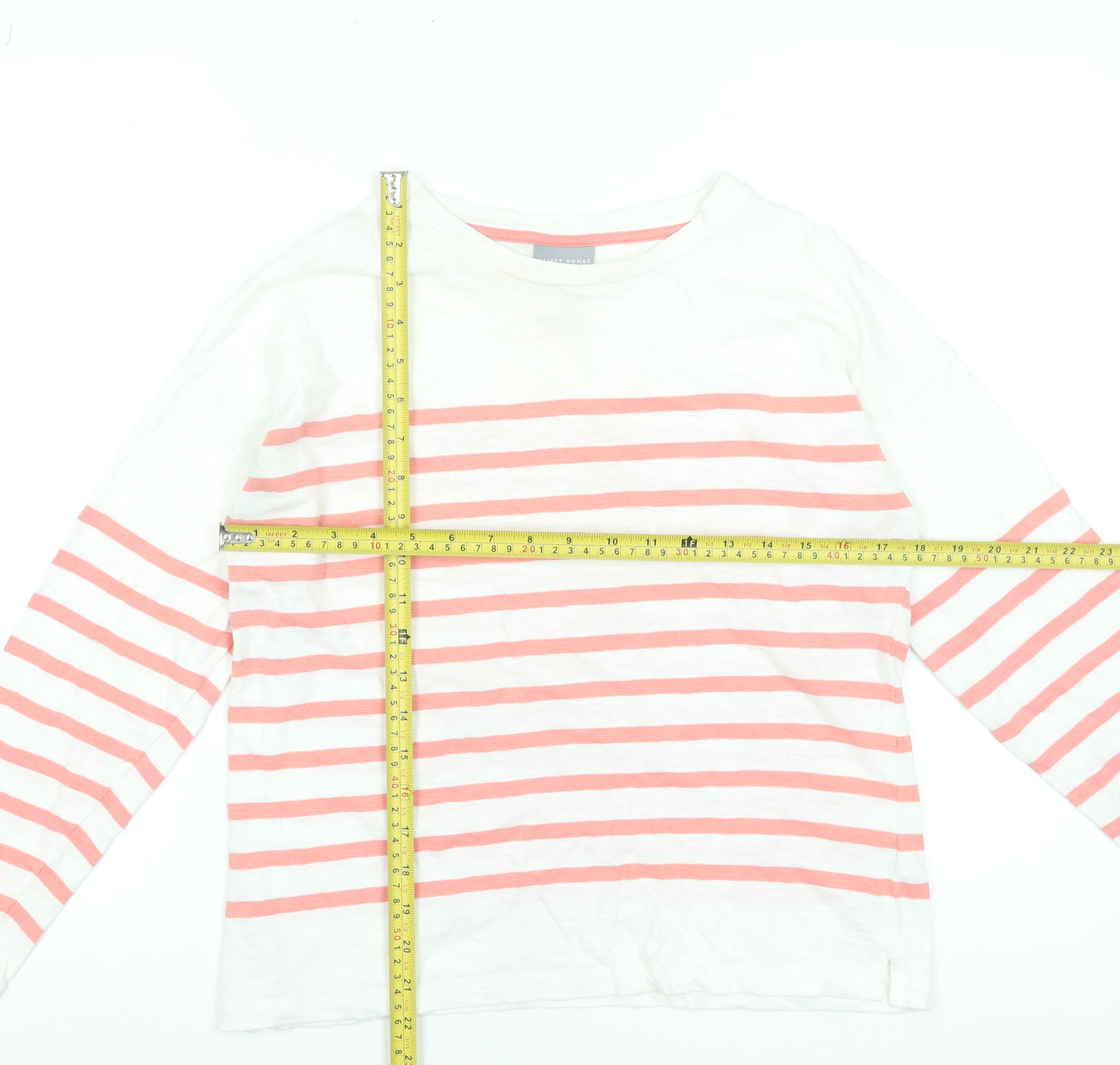 Oliver Bonas Women’s White Pink Striped Long Sleeve Cotton Top UK 8
