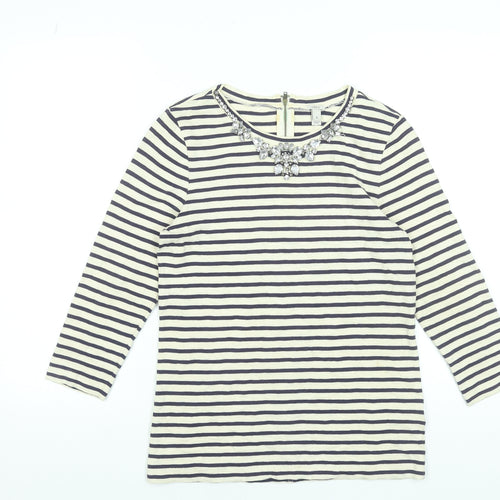 J.Crew Women’s Stripe Beaded Neck Cotton Top S Navy White 3/4 Sleeve