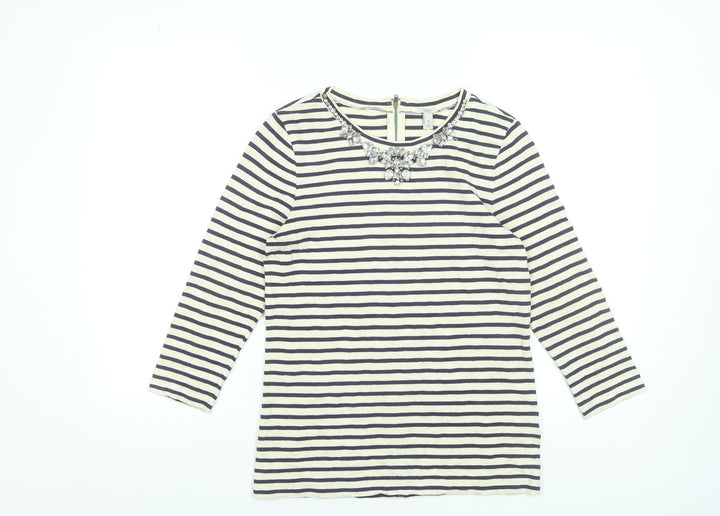 J.Crew Women’s Stripe Beaded Neck Cotton Top S Navy White 3/4 Sleeve