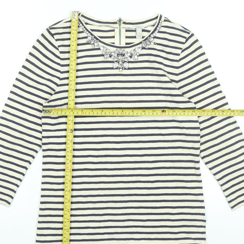 J.Crew Women’s Stripe Beaded Neck Cotton Top S Navy White 3/4 Sleeve
