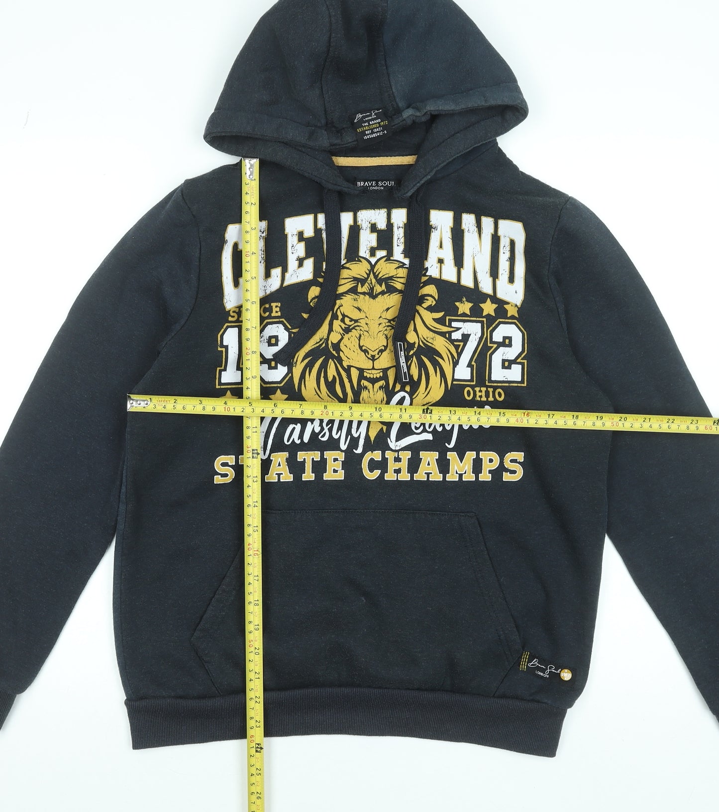 Brave Soul Men's Black Pullover Hoodie M Varsity Graphic Lion Print