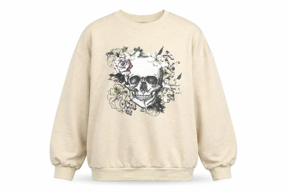 Front view of AX Paris Women’s Beige Skull Floral Graphic Pullover Sweatshirt S/M