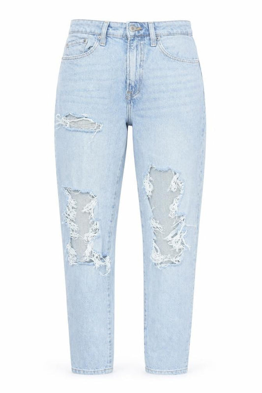 Front view of H&M Women’s Blue Mom Jeans, size UK 10, High Waist Distressed Denim