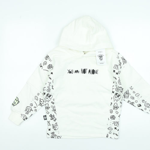 Marks and Spencer Boys White Graphic Pullover Hoodie 7-8 Years Cotton Blend