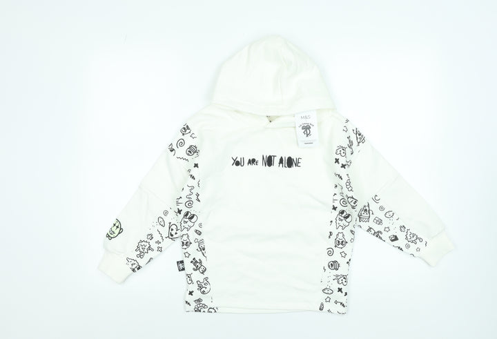 Marks and Spencer Boys White Graphic Pullover Hoodie 7-8 Years Cotton Blend