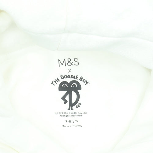 Marks and Spencer Boys White Graphic Pullover Hoodie 7-8 Years Cotton Blend