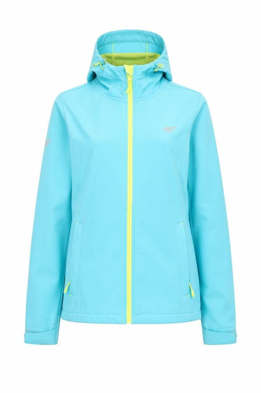 Front view of 4F women’s blue soft shell hooded activewear jacket xs