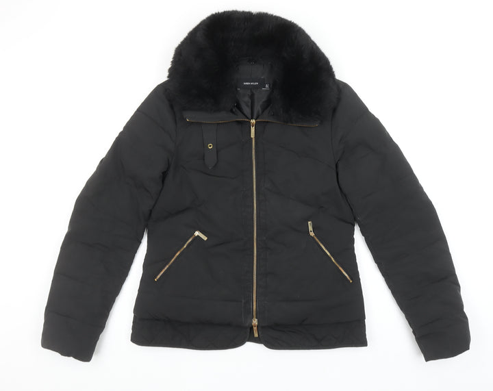 Karen Millen Womens Black Faux Fur Collar Puffer Jacket Size 10