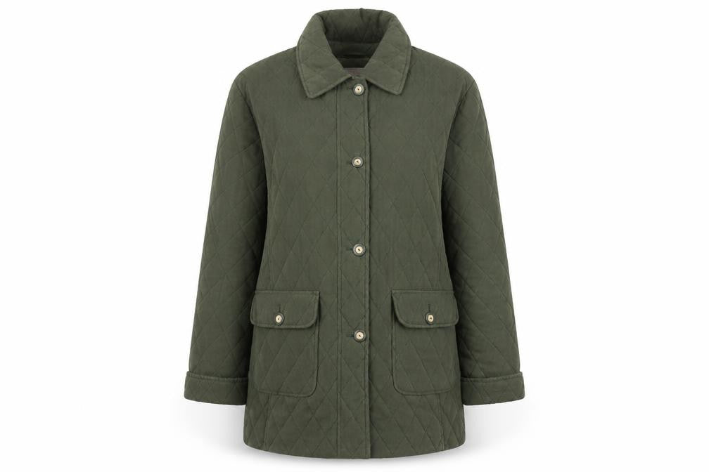 Front view of E Women’s Green Quilted Mid-Length Padded Jacket UK 14