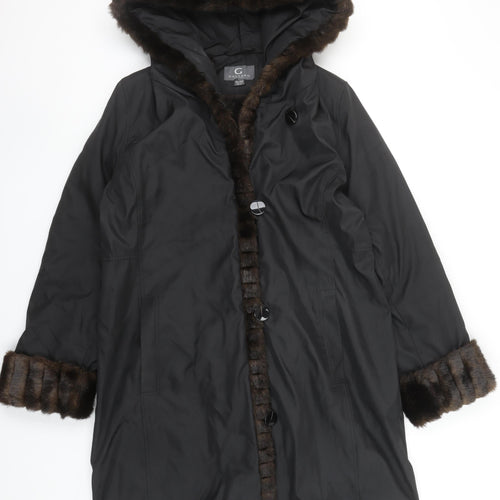 Gallery Women’s Black Faux Fur Trim Hooded Long Coat Size 12