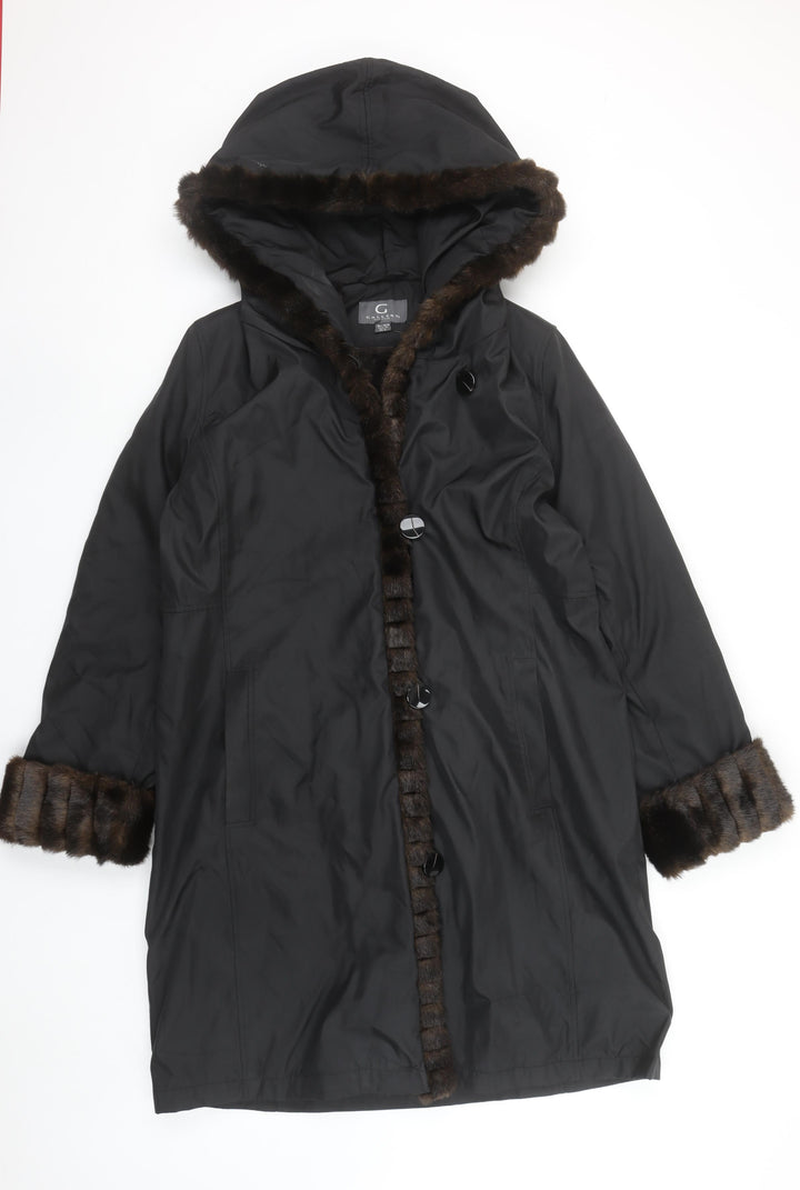 Gallery Women’s Black Faux Fur Trim Hooded Long Coat Size 12