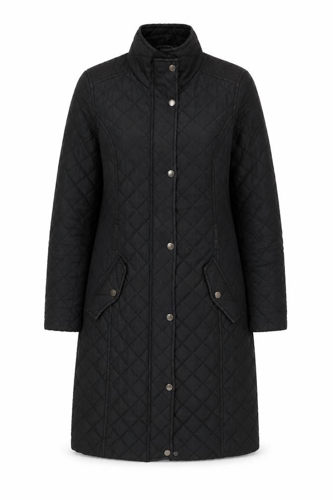 Front view of Maine New England Women's Black Quilted Long Coat, size 8