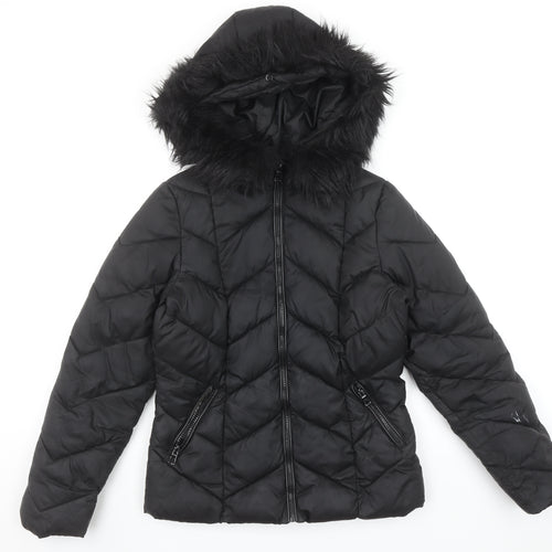 New Look Womens Black Mid-Length Hooded Puffer Jacket Size 8
