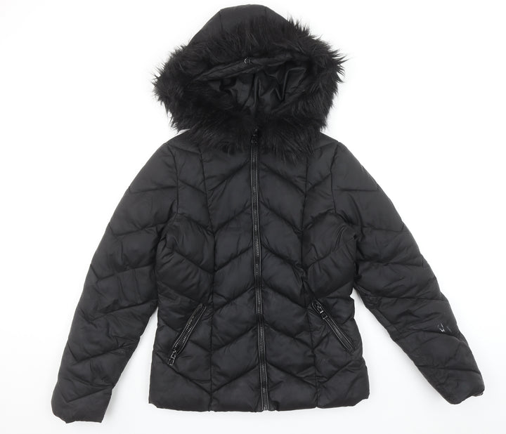 New Look Womens Black Mid-Length Hooded Puffer Jacket Size 8