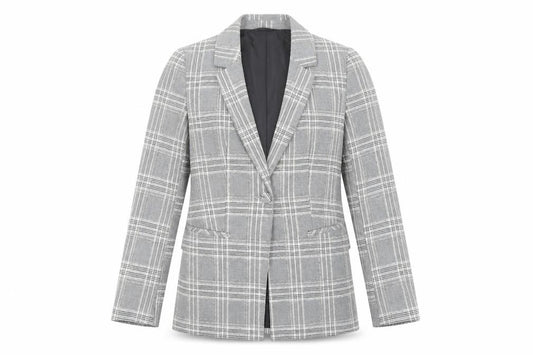 Front view of Primark Women's Grey Check Blazer, size 8, Single-Breasted Jacket