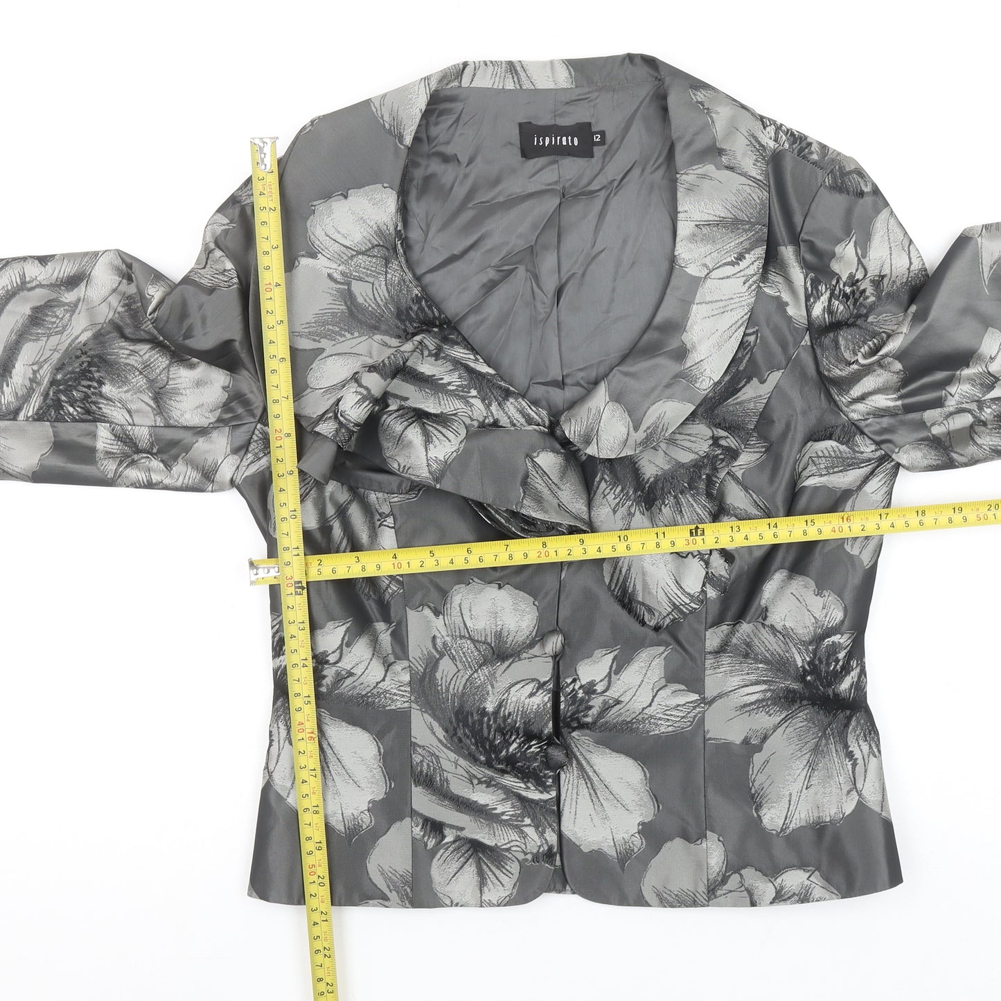 Ispirato Women's Grey Floral Satin Shawl Collar Tailored Jacket Size 12