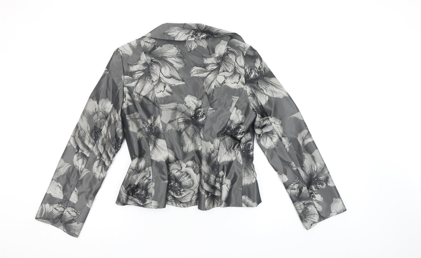 Ispirato Women's Grey Floral Satin Shawl Collar Tailored Jacket Size 12