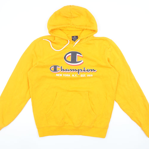 Champion Mens Yellow Pullover Hoodie Medium Logo Graphic Cotton Blend