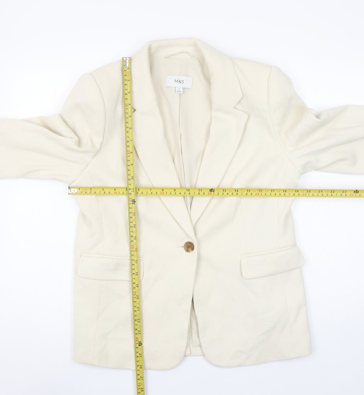 Marks and Spencer Womens Beige Cotton Blend Single-Breasted Blazer Size 14