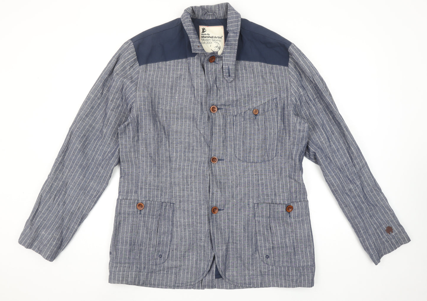 Marshall Artist Men's Blue Striped Cotton Regular Fit Casual Blazer Jacket L