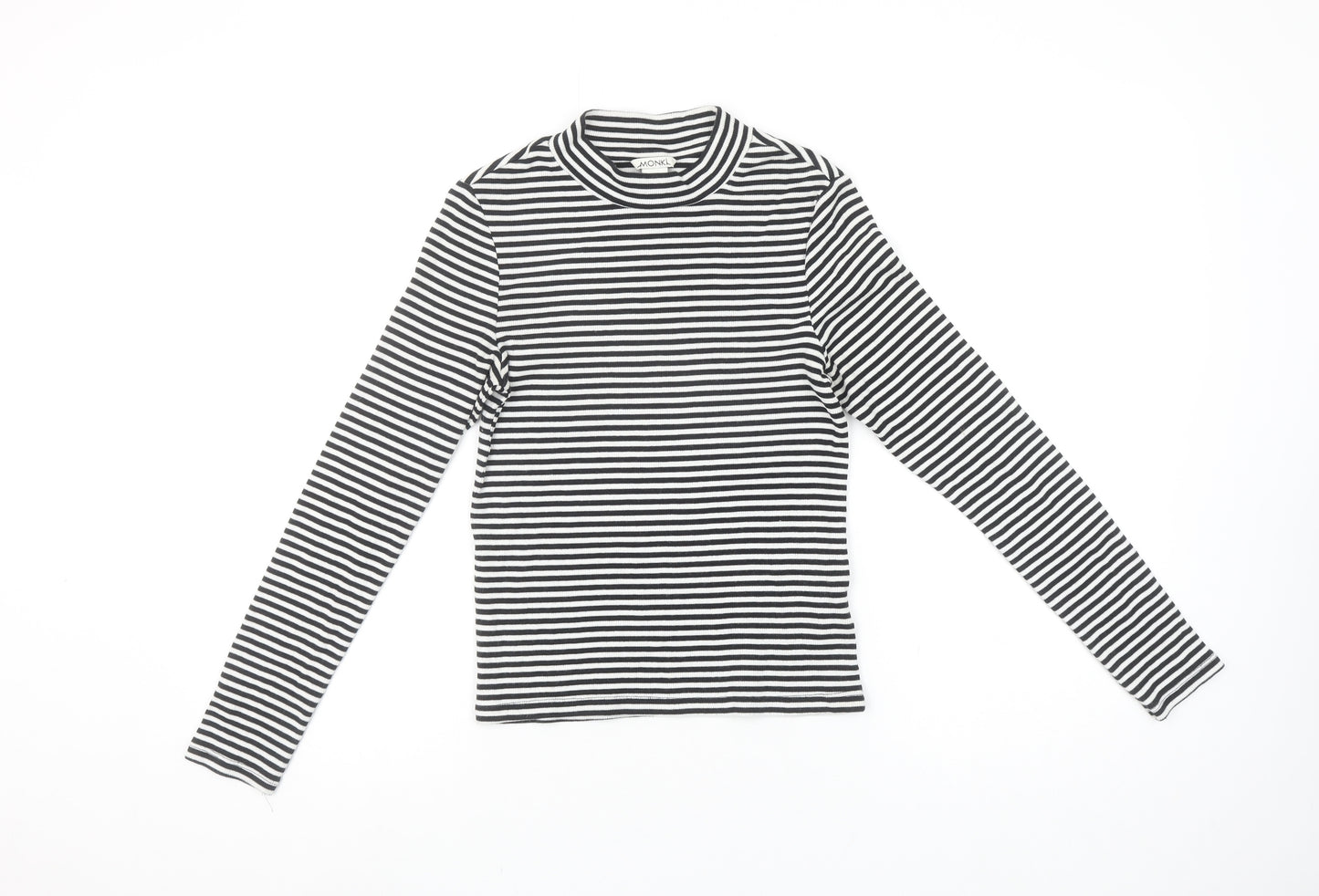 Monki Women's Black Striped Mock Neck Long Sleeve Cotton Top Size S