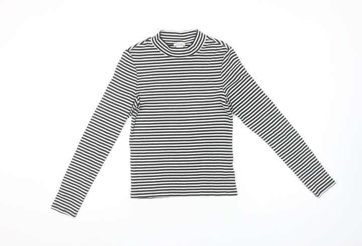 Monki Women's Black Striped Mock Neck Long Sleeve Cotton Top Size S
