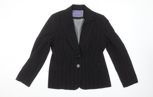 Front view of Autonomy women’s black pinstripe suit jacket size 12p classic blazer