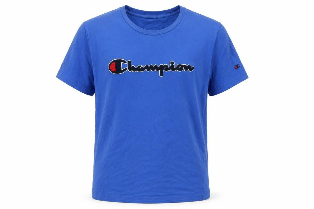 Front view of Champion Men's Blue Medium Embroidered Logo Crew Neck T-Shirt