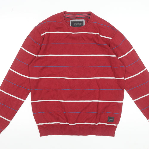 Esprit Men's Red Striped Cotton Crew Neck Jumper Size M