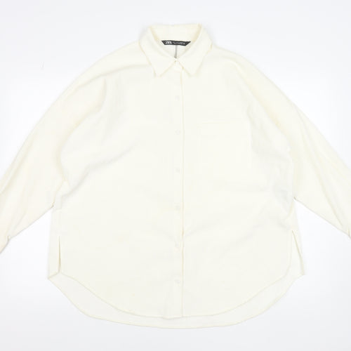 ZARA Women Ivory Relaxed Button-Up Shirt Size S Polyester Blend