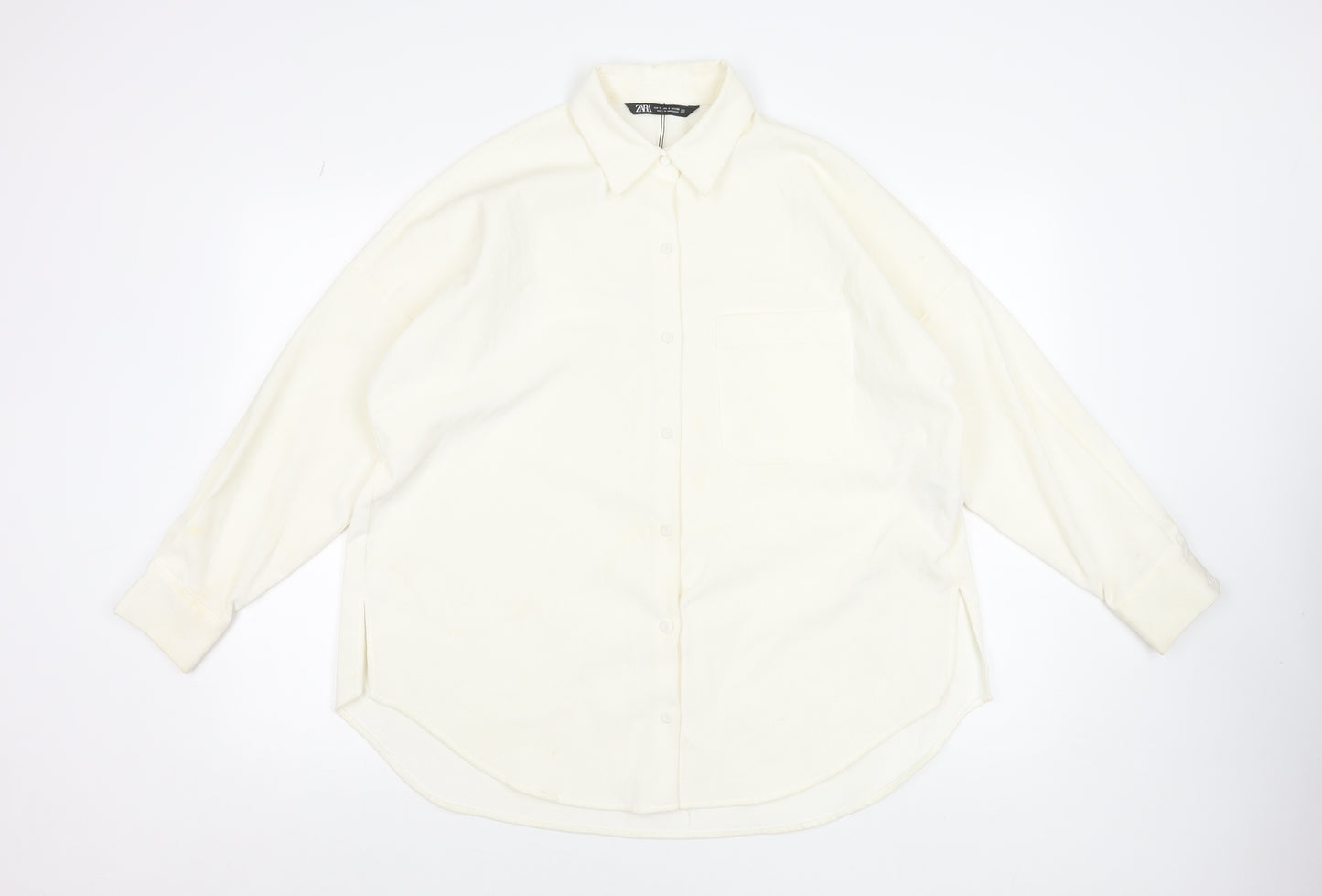 ZARA Women Ivory Relaxed Button-Up Shirt Size S Polyester Blend