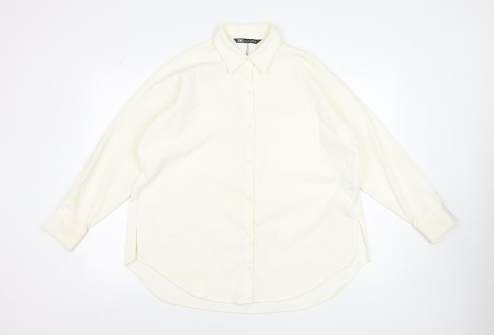 ZARA Women Ivory Relaxed Button-Up Shirt Size S Polyester Blend
