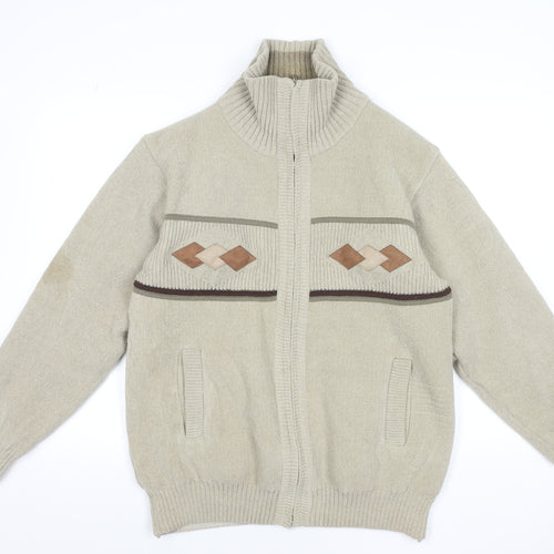 Raphael Valencino Mens Beige Knit Zip Jacket M Geometric Classic Style