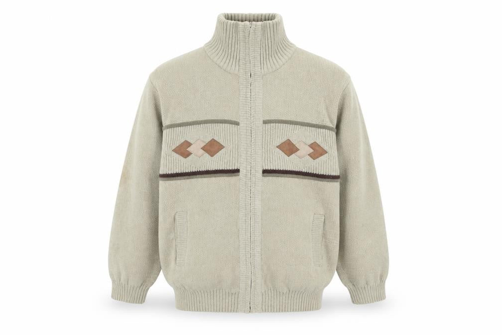 Front view of Raphael Valencino men’s beige knit zip jacket m geometric classic style