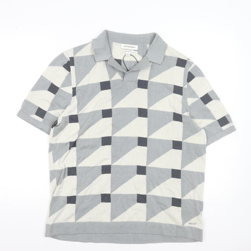 Marks and Spencer Autograph Men's Grey Geometric Cotton Polo Shirt XL