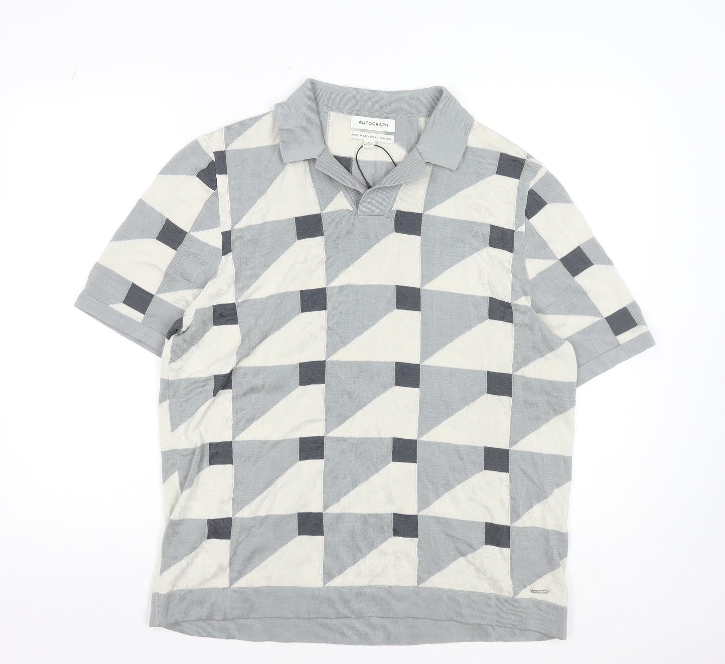 Marks and Spencer Autograph Men's Grey Geometric Cotton Polo Shirt XL