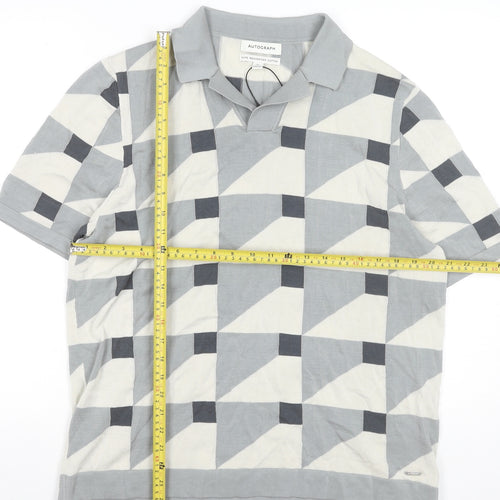 Marks and Spencer Autograph Men's Grey Geometric Cotton Polo Shirt XL