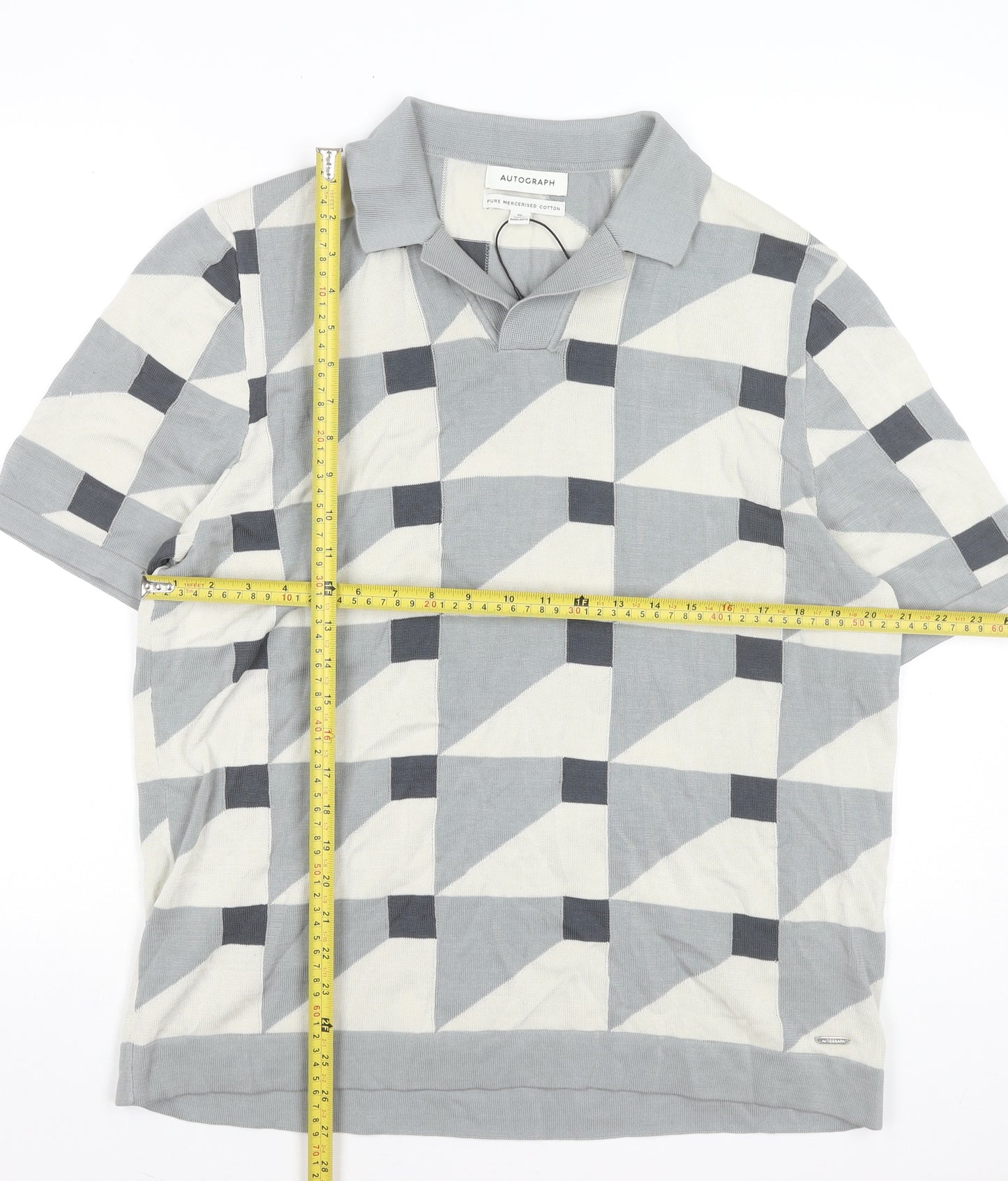 Marks and Spencer Autograph Men's Grey Geometric Cotton Polo Shirt XL